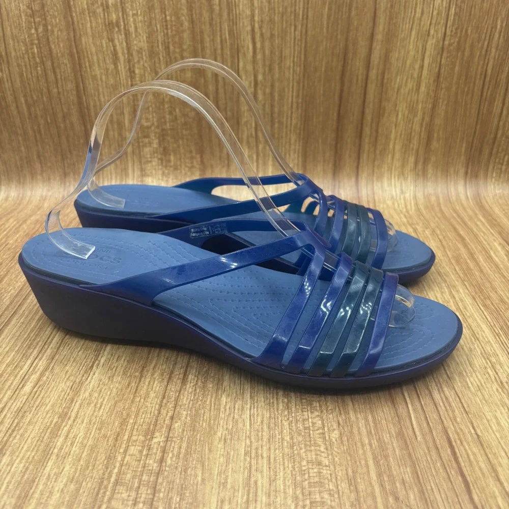 Crocs‎ Isabella Wedge Sandals Blue Womens Size 11 Strappy Comfort Slide 204104